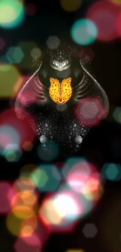 Colorful bokeh lights with abstract creature in black background.