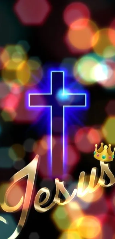 Vibrant Jesus cross with colorful bokeh effects on a black background.