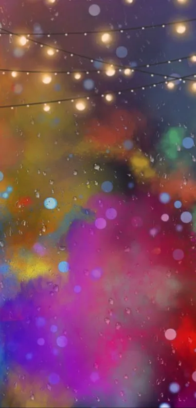 A vibrant wallpaper with colorful bokeh lights and abstract rain pattern.