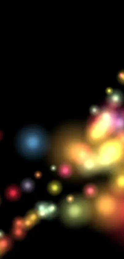 Vibrant bokeh mobile wallpaper with colorful lights on black background.