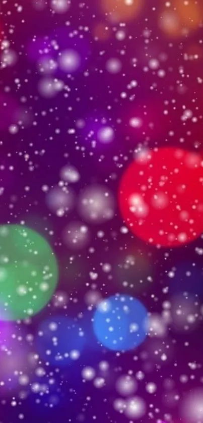 A vibrant bokeh wallpaper with colorful lights and snowy overlay.