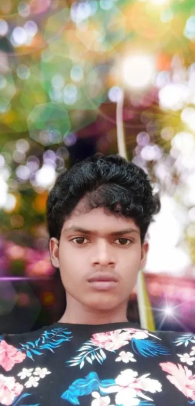 Young person with floral shirt and vibrant bokeh background.