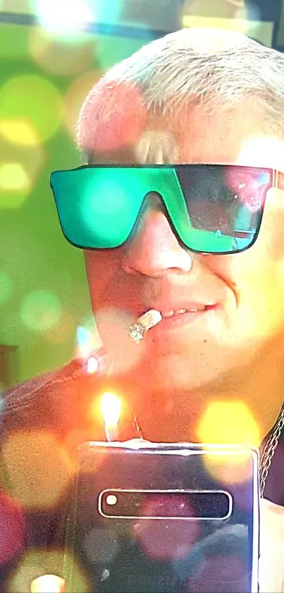 Vibrant bokeh selfie with colorful lights and trendy glasses.