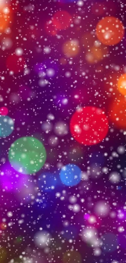 Vibrant bokeh smartphone wallpaper with colorful snowflakes.