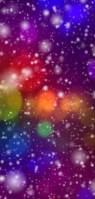 Vibrant bokeh wallpaper with colorful snowfall effect and deep purple background.