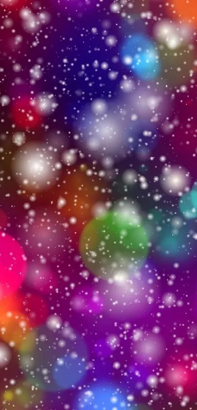 Vibrant bokeh with snowfall on a colorful and abstract background.