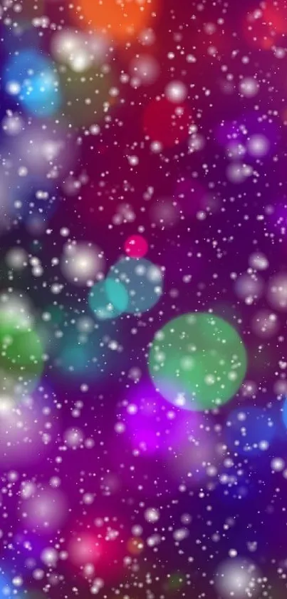 Colorful bokeh and snowflakes mobile wallpaper with a vibrant purple background.