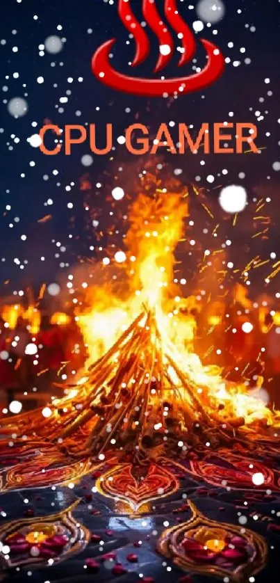 Bonfire celebration with vibrant flames and intricate designs under a snowy sky.