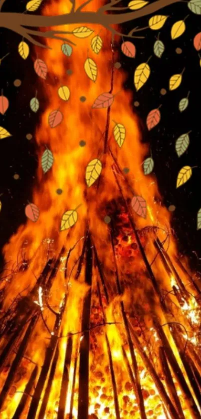 Bonfire with falling autumn leaves illustration.