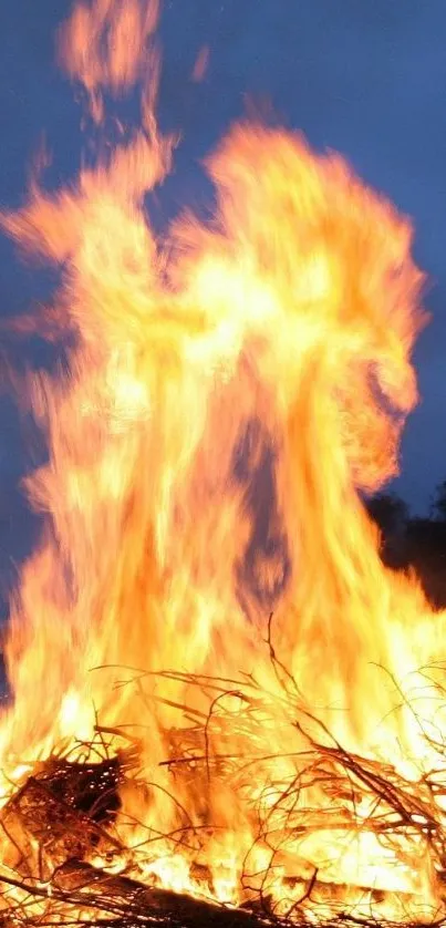 Vibrant bonfire with vivid flames under a dark sky.