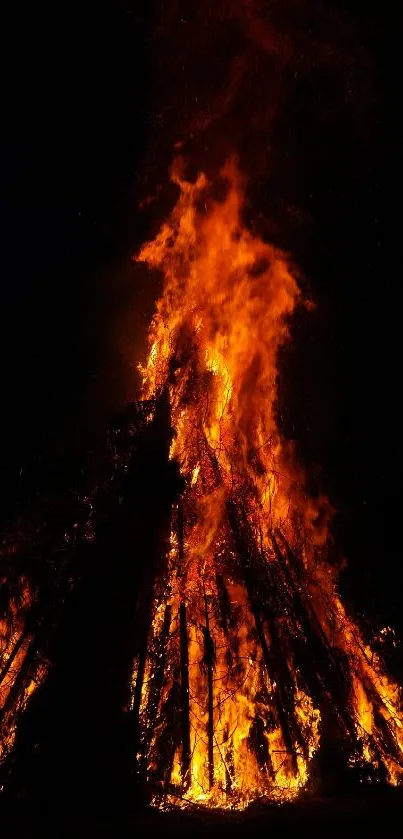 A vibrant bonfire emitting bright flames against a dark sky.