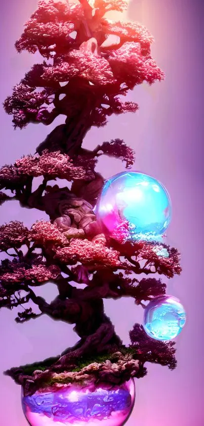 Fantasy bonsai tree with glowing orbs and vibrant violet hues.