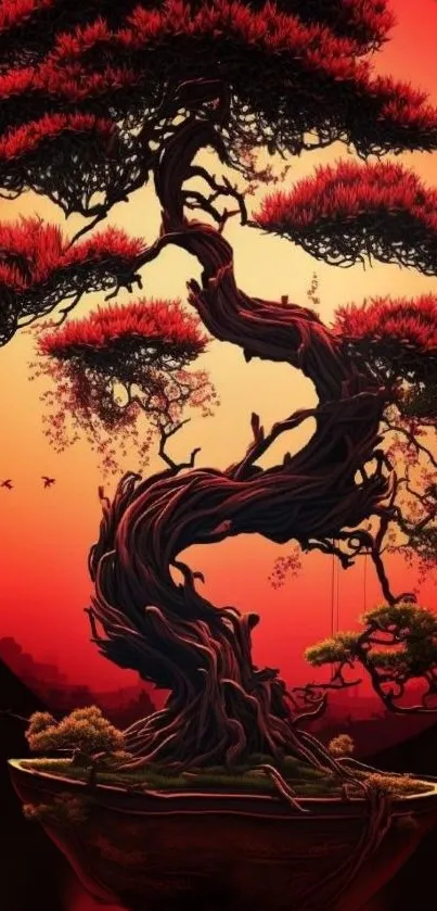 Bonsai tree silhouette against a vibrant sunset.