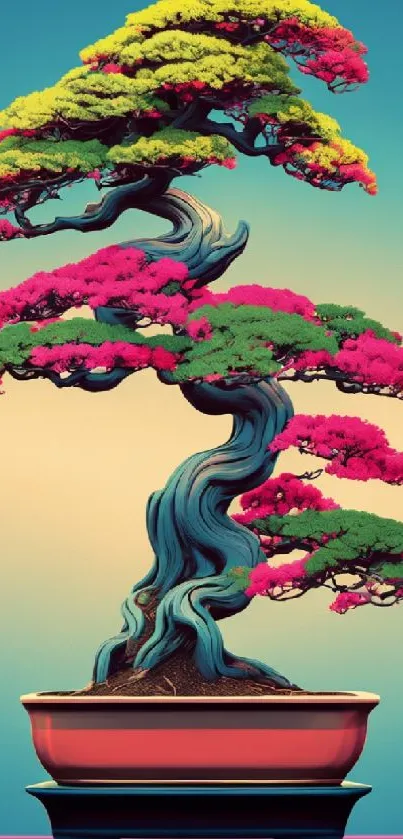 Vibrant bonsai tree with colorful foliage in digital art style.