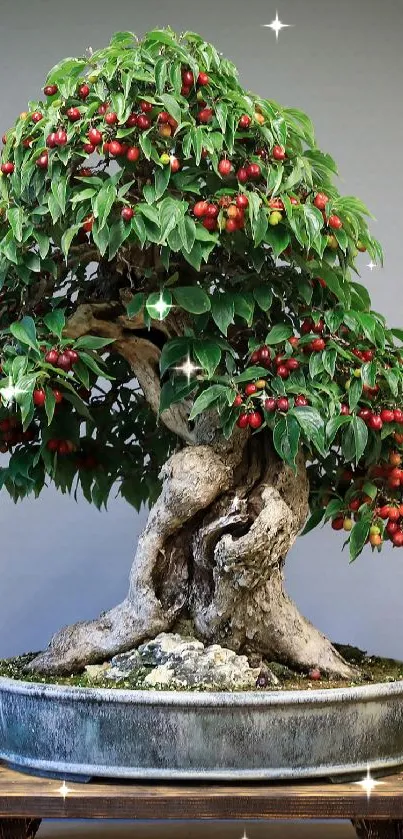 Vibrant bonsai tree with lush green leaves and red flowers in a serene setting.