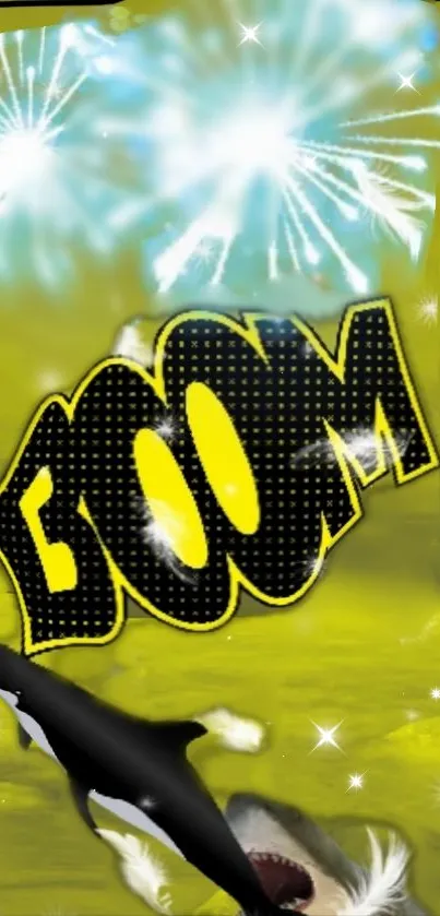 Comic-style wallpaper with vibrant 'Boom' text and fireworks display.