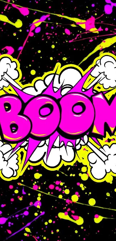 Vibrant pop art style wallpaper with "Boom" graphic in neon colors.