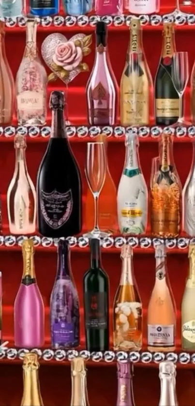 Colorful bottles on a red shelf wallpaper.