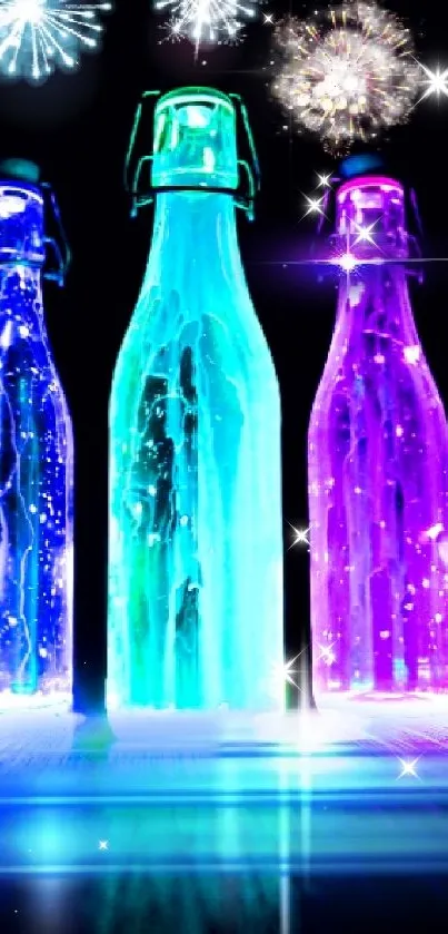 Mobile wallpaper of neon bottles with fireworks.