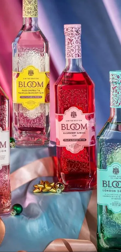 Bloom Gin bottles on a colorful fabric backdrop, blending pink and blue hues.