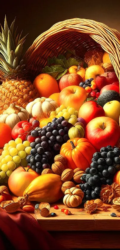 Vibrant cornucopia of fruits and vegetables spilling from a basket.