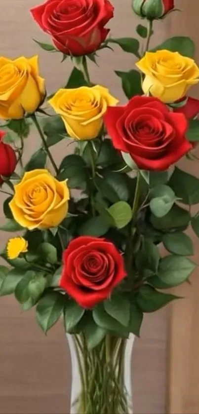 Vibrant bouquet of red and yellow roses in a vase.