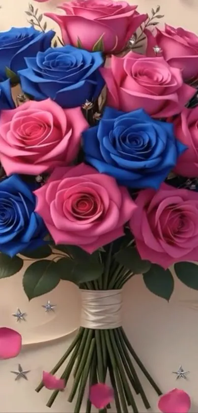 Bouquet of pink and blue roses on a decorative background.