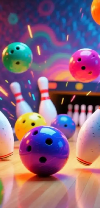 Vibrant bowling scene with colorful pins and balls.