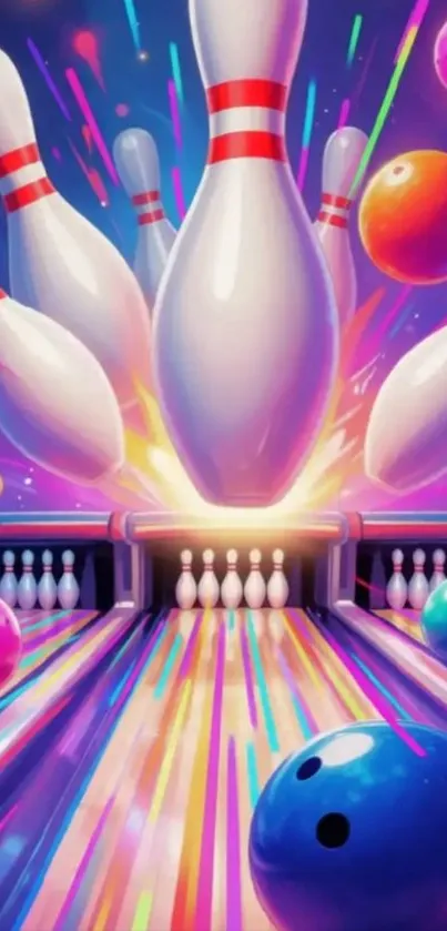 Vibrant bowling alley with colorful pins and balls.