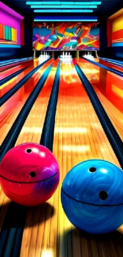 Colorful bowling alley with vibrant balls.