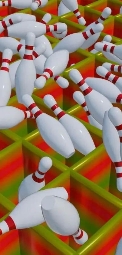 Dynamic pattern of bowling pins in a colorful grid.