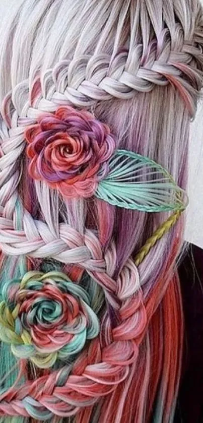 Colorful braided hair with floral designs.