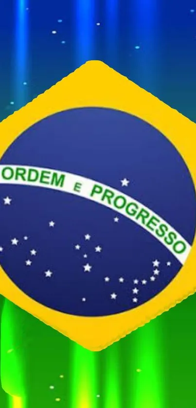 Vibrant Brazil flag wallpaper with national colors and slogan.