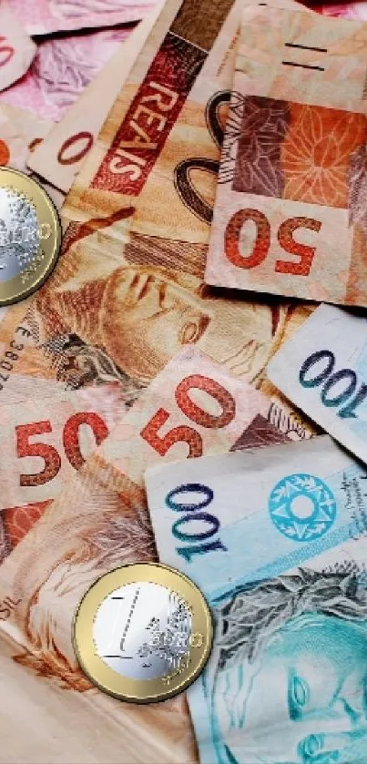 Vibrant Brazilian banknotes and coins for wallpaper.