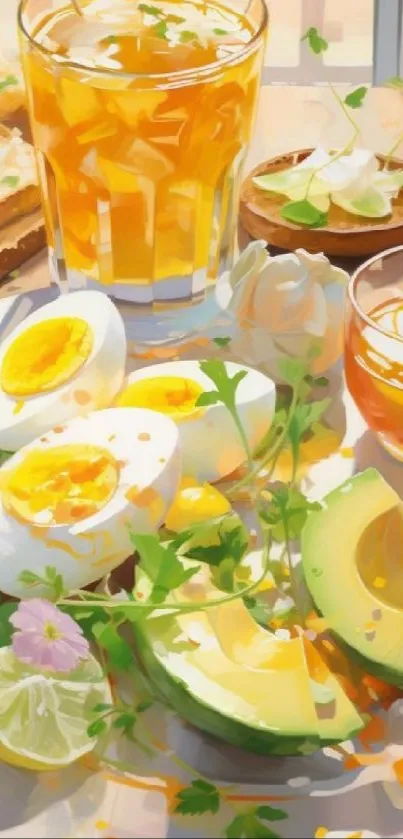 Colorful breakfast with eggs, avocados, and drinks on a sunlit table.