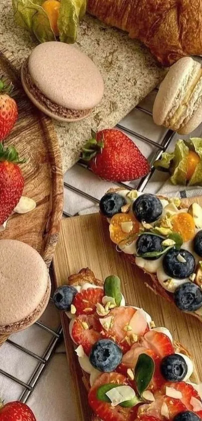 Vibrant breakfast scene with fruits and pastries.