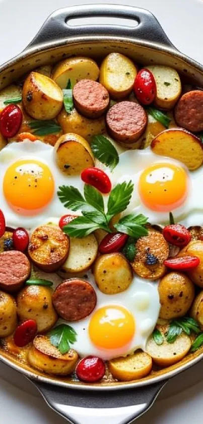 Colorful breakfast skillet with eggs, sausage, and vegetables.