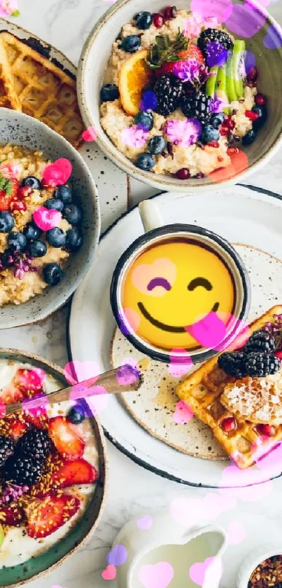 Vibrant breakfast with waffles and fruit on a marble background.
