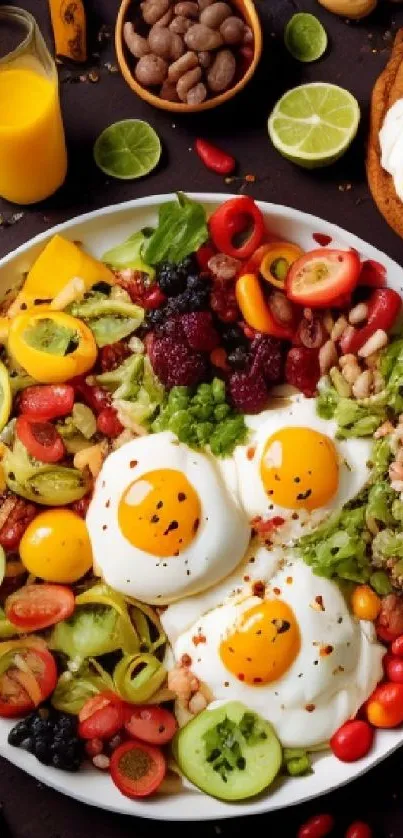 Vibrant breakfast spread with eggs, vegetables, and fruits arranged beautifully.