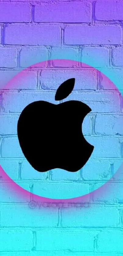 Colorful brick wall with apple logo design.