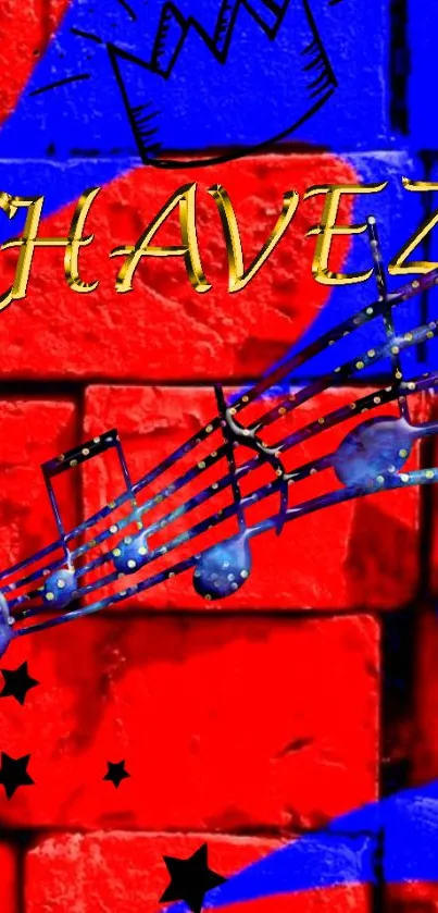 Vibrant red and blue brick wall with musical notes and stars.