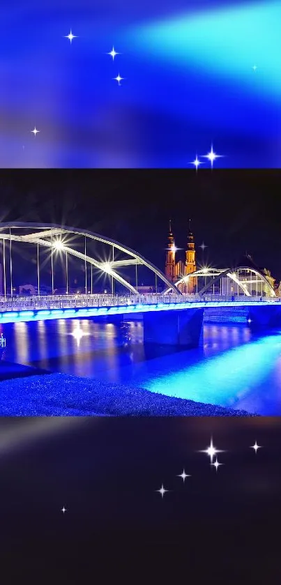 Brightly illuminated bridge with blue lights and stars over a calm river.