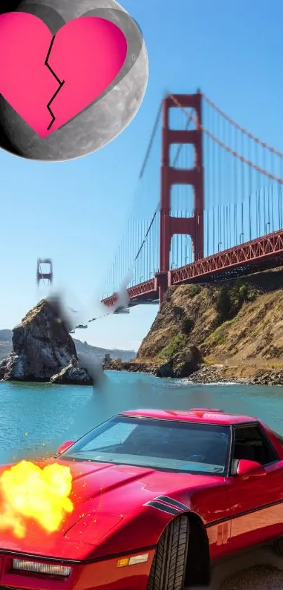 Red car explodes near iconic red bridge with heart and moon.