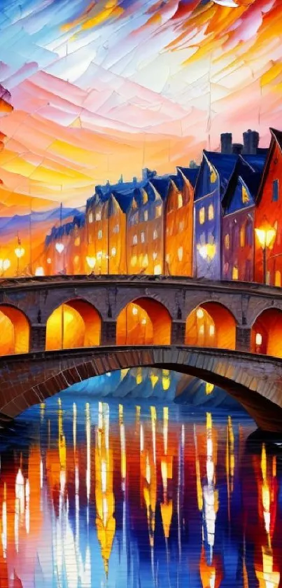 Colorful cityscape painting with bridge at sunset reflected in water.