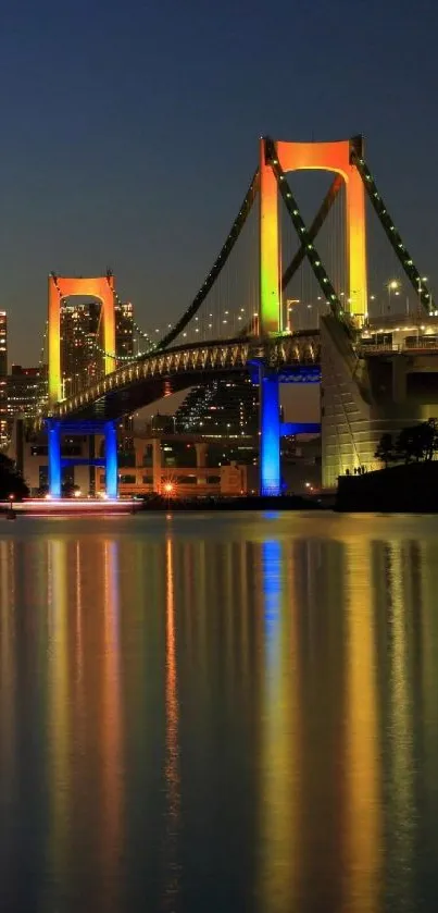 Colorful illuminated bridge over calm water at night.