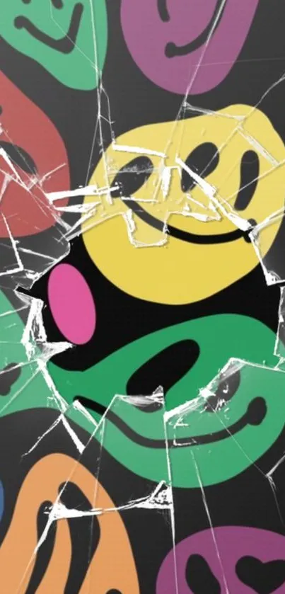 Colorful smiley faces behind broken glass.