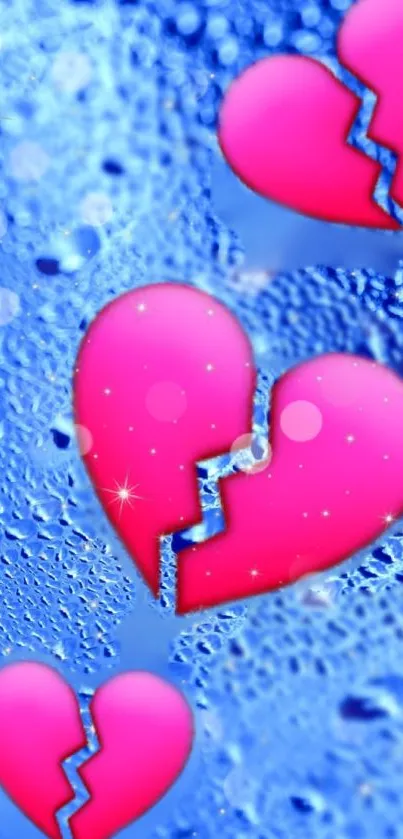 Pink broken hearts on a vibrant blue background, mobile wallpaper.