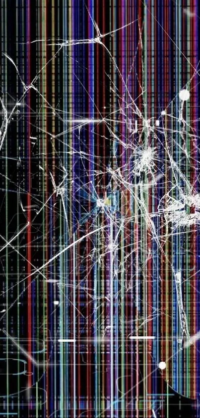 Vibrant abstract cracked screen design with colorful lines.