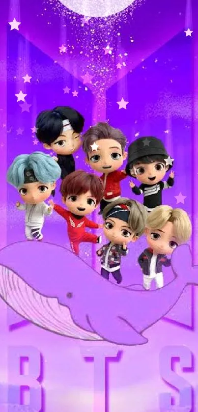 Vibrant BTS chibi characters with purple whale and background.