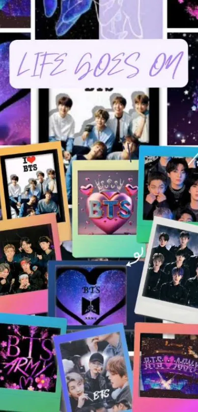 BTS collage wallpaper with vibrant colors and band images.